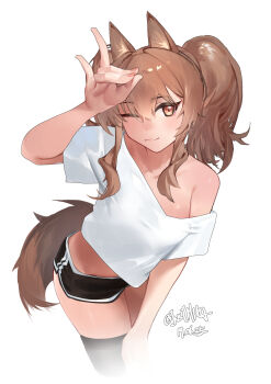 1girl :3 absurdres alternate_costume angelina_(arknights) animal_ear_fluff animal_ears arknights black_shorts black_thighhighs brown_hair crop_top dated dolphin_shorts dot_nose fox_ears fox_girl fox_shadow_puppet fox_tail highres long_hair looking_at_viewer mkrk_mikaerukung one_eye_closed orange_eyes pink_nails shirt short_shorts shorts sidelocks simple_background solo tail thighhighs twintails twitter_username upper_body white_shirt