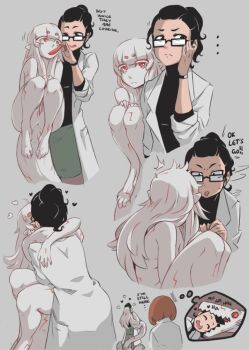 ... 3girls ^^^ ^_^ ad-6-0001a alien bangs_pinned_back black-framed_eyewear black_eyes black_hair black_legwear black_shirt blush_stickers brown_legwear reference_sheet closed_eyes colored_eyelashes colored_skin dr._m.s. dr._molly_simon dr._s.r. dr._sif_runarsdottir english_text female_focus glasses green_skirt grey_background heart high_ponytail hikimayu hug hushabye imagining interspecies kiss lab_coat long_hair long_tongue looking_at_another miniskirt monster_girl motion_lines multiple_girls nude original pale_skin pantyhose pencil_skirt pointy_ears ponytail project_a.d.a. red_eyes red_hair round_teeth shirt short_hair simple_background skirt speech_bubble standing tail tail_stand teeth text_focus thought_bubble tongue tongue_out watch white_hair white_skin wristwatch yuri