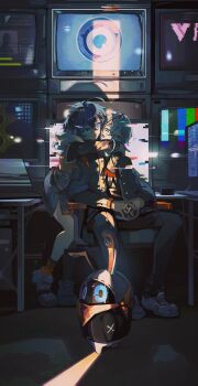 1boy 1girl absurdres ahoge alternate_eye_color arms_around_neck asymmetrical_legwear bangboo_(zenless_zone_zero) belle_(zenless_zone_zero) black_pants black_shirt blue_eyes blue_hair chair closed_mouth computer crack_of_light crossed_bangs crt eous_(zenless_zone_zero) fingerless_gloves full_body glitch gloves grey_hair grey_jacket grey_skirt hair_between_eyes hair_ornament hand_on_another's_stomach heterochromia highres hood hoodie hug hug_from_behind indoors interlocked_fingers jacket letter_hair_ornament looking_at_viewer merah_drow office_chair on_chair orange_gloves orange_hoodie orange_socks pants shirt shoes siblings side_slit sidelocks sitting skirt smile sneakers socks standing swivel_chair test_card uneven_legwear white_shoes wise_(zenless_zone_zero) zenless_zone_zero