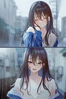 1girl absurdres blue_eyes blurry blurry_background bra_visible_through_clothes brown_hair hand_on_own_cheek hand_on_own_face highres jacket long_hair looking_at_viewer off_shoulder open_clothes open_jacket open_mouth original rain see-through_clothes shirt smile split_screen track_jacket turisasu water wet wet_clothes wet_hair white_shirt