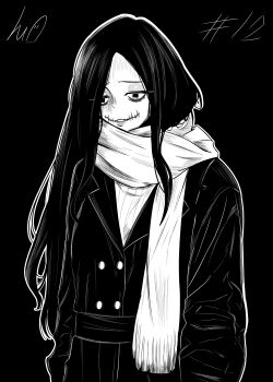 1girl absurdres bags_under_eyes coat commentary glasgow_smile greyscale highres japanese_urban_legends kuchisake-onna long_hair looking_down lughost monochrome parted_lips ribbed_sweater scar signature solo sweater upper_body very_long_hair