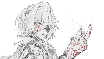 Rule 34 | 1boy, anaxa (honkai: star rail), artist name, casting spell, commentary, eyepatch, facial tattoo, frown, hair intakes, hand tattoo, highres, honkai: star rail, honkai (series), jacket, jewelry, long hair, looking at viewer, lv minus999, magic, male focus, multiple rings, parted lips, red tattoo, ring, serious, snapping fingers, solo, spot color, tattoo, upper body