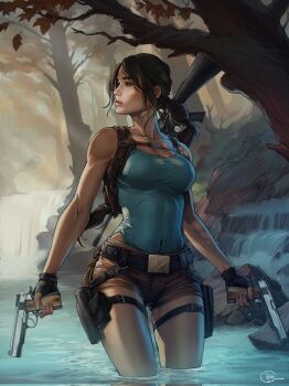 1girl ammunition_pouch aqua_leotard arms_at_sides assault_rifle autumn_leaves backpack bag belt braid breasts brown_eyes brown_hair cleavage facing_viewer fingerless_gloves gloves gun handgun highres holding holding_gun holding_weapon holster illyne_cosplay lara_croft leaf leotard looking_to_the_side outdoors parted_bangs parted_lips partially_submerged pouch rifle rope shorts signature solo solo_focus sunlight thigh_strap tight_clothes tomb_raider tree water waterfall weapon