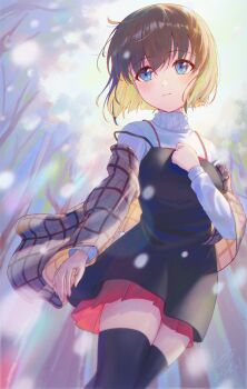 1girl absurdres arm_at_side backlighting black_dress black_thighhighs blue_eyes blunt_ends blush bob_cut brown_hair brown_shawl clenched_hand closed_mouth commentary_request cowboy_shot dated day dress eyelashes eyes_visible_through_hair film_grain flowingcrescent hair_between_eyes hand_up highres kanon light_smile looking_at_viewer miniskirt misaka_shiori outdoors plaid_clothes plaid_shawl pleated_skirt red_skirt shawl short_dress short_hair signature skirt sleeveless sleeveless_dress snowing solo spaghetti_strap standing strap_slip sweater thighhighs turtleneck turtleneck_sweater white_sweater zettai_ryouiki