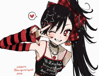 1girl 2026 ;d arm_behind_back arm_warmers artist_name asymmetrical_bangs bare_shoulders black_arm_warmers black_camisole black_choker black_hair black_lace_trim blush bow breasts camisole chain chain_necklace cherry_earrings choker closed_eyes clothes_writing collarbone commentary_request crop_top cross cross_necklace earrings facial_mark fangs fingernails food-themed_earrings food_themed_earrings gem grin hair_bow hair_ornament heart heart_necklace highres idol jewelry lace lace-trimmed_bow lace_trim large_bow latin_cross long_fingernails long_hair looking_at_viewer midriff multiple_rings nail_art necklace okanadamo one_eye_closed open_mouth original parted_bangs plaid_bow print_camisole punk raised_eyebrow red_arm_warmers red_bow red_eyes red_gem red_nails red_trim ring shoulder_blush side_ponytail simple_background sleeves_past_wrists small_breasts smile solo spaghetti_strap sparkle spiked_choker spikes spoken_heart star_(symbol) star_facial_mark star_hair_ornament striped_arm_warmers tsurime twitter_username two-tone_arm_warmers upper_body v v_over_eye white_background