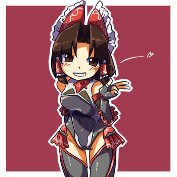 1girl benikurage_(cookie) black_gloves black_leotard black_thighhighs blush bow breasts brown_eyes commentary_request cookie_(touhou) cosplay covered_navel cowboy_shot curtained_hair elbow_gloves frilled_bow frilled_hair_tubes frills gloves grin hair_bow hair_tubes hakurei_reimu ikiume leotard looking_at_viewer medium_breasts mizuki_yukikaze mizuki_yukikaze_(cosplay) red_background red_bow short_hair sidelocks smile solo taimanin_(series) taimanin_suit taimanin_yukikaze thighhighs touhou two-tone_background white_background