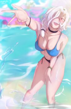 1girl absurdres bare_shoulders bikini black_choker blush bracelet brawl_stars breasts choker colette_(brawl_stars) highres jewelry kfnt large_breasts smile swimsuit white_hair
