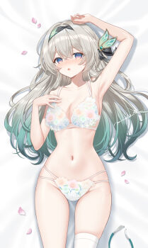 1girl :o aqua_hair black_hairband blue_eyes bra breasts cleavage commentary_request dakimakura_(medium) firefly_(honkai:_star_rail) floral_print floral_print_bra floral_print_panties gradient_hair grey_hair hairband highres honkai:_star_rail honkai_(series) long_hair medium_breasts multicolored_eyes multicolored_hair myusha navel panties pink_eyes print_panties single_thighhigh solo sweatdrop thighhighs two-tone_eyes underwear white_bra white_panties white_thighhighs