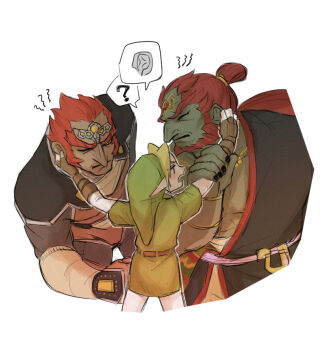 Rule 34 | 3boys, ?, arm wrap, armor, belt, big nose, black robe, black shirt, blonde hair, brown belt, brown gloves, commentary request, cropped torso, dark-skinned male, dark skin, elbow gloves, fingerless gloves, forehead jewel, frown, gem, gloves, grabbing another's ear, green hat, green tunic, grrr0111, hair bun, half updo, hand on another's arm, hand on another's ear, hat, height difference, jewelry, long hair, male focus, multiple boys, multiple persona, necklace, nintendo, one eye closed, open mouth, pants, parted bangs, pauldrons, red gemstone, red hair, robe, shirt, short hair, shoulder armor, simple background, solo, the legend of zelda, the legend of zelda: ocarina of time, the legend of zelda: tears of the kingdom, tunic, upper body, white background, white pants, yellow eyes, yellow gemstone