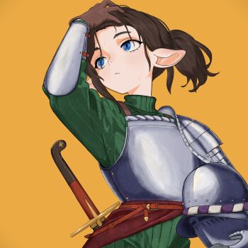1girl absurdres armor blue_eyes boagnnnnnnn brown_hair commission expressionless gambeson gloves helmet highres looking_to_the_side medium_hair original pointy_ears ponytail shoulder_armor solo sword unworn_headwear unworn_helmet upper_body weapon