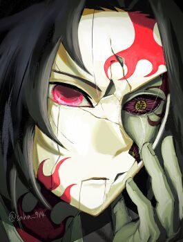 1boy black_hair closed_mouth colored_sclera cracked_kawaii_mask extra_eyes facial_tattoo hand_up highres kimetsu_no_yaiba kokushibou male_focus orange_eyes parted_bangs red_eyes red_sclera saha_914 short_hair solo tattoo translation_request
