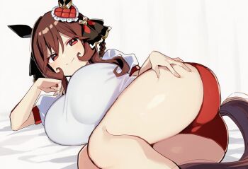 1girl animal_ears ass blush braid braided_hair_rings breasts brown_hair brown_tail buruma closed_mouth clothing_cutout commentary_request ear_covers gentildonna_(umamusume) gym_shirt hair_rings heart_ear_ornament horse_ears horse_girl horse_tail large_breasts long_hair looking_at_viewer lying on_side puffy_short_sleeves puffy_sleeves red_buruma red_eyes shirt short_sleeves sidelocks smile solo tail tail_through_clothes thighs to_zaemon umamusume white_shirt