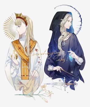 2girls bead_necklace beads black_hood blonde_hair blue_eyes blue_robe blunt_bangs chinese_commentary collarbone color_contrast constellation_print crescent_print cropped_torso cross cross_patty cross_print crown cuff_links dagger english_text flower frilled_shirt_collar frilled_sleeves frills globus_cruciger hair_behind_ear hair_ornament highres holding holding_globus_cruciger holding_orb holding_vial holding_wand hood hood_up jewelry knife lily_(flower) long_hair long_sleeves looking_to_the_side multiple_girls necklace orange_scarf original parted_bangs parted_lips pendant pink_lips profile refraction robe sanmen scarf shirt side-by-side simple_background sleeve_cuffs star_(symbol) star_hair_ornament starry_sky_print straight_hair sunburst two-sided_fabric vial wand wavy_hair weapon white_background white_flower white_lily white_robe white_shirt wide_sleeves yellow_eyes