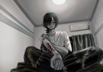 1other blanket commentary_request crossed_ankles crying crying_with_eyes_open from_below full_body highres indoors looking_at_viewer low_ponytail mqd0i neck_piercing original other_focus parted_lips ponytail self-harm shirt short_hair sitting sleeves_rolled_up slit_throat solo t-shirt tears white_shirt worried wrist_cutting