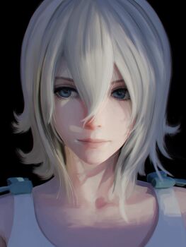 1girl black_background blue_eyes dress hair_between_eyes highres looking_to_the_side malphier medium_hair nier nier_(series) painterly portrait simple_background white_hair yonah