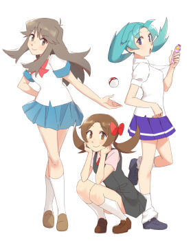 3girls alternate_costume black_dress blue_eyes blue_skirt bow bowtie brown_eyes brown_hair dress green_hair gummy_(puffaluficus) hair_bow highres kneehighs kris_(pokemon) lass_(pokemon) lass_(pokemon_gsc) lass_(pokemon_hgss) lass_(pokemon_rgby) leaf_(pokemon) looking_at_viewer loose_socks lyra_(pokemon) multiple_girls nintendo open_mouth pink_shirt poke_ball pokegear pokemon shirt skirt smile socks thighs white_shirt white_socks