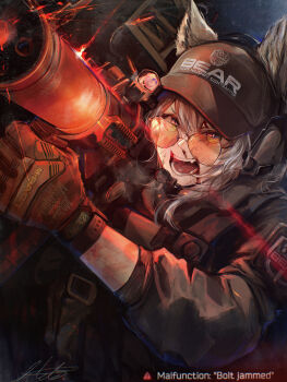 1girl absurdres aiming animal_ears arktic as_val assault_rifle aviator_sunglasses baseball_cap blood bulletproof_vest clothes_writing commentary ear_protection english_commentary english_text escape_from_tarkov fangs firing gameplay_mechanics gloves grey_hair grey_jacket gun hat headset highres holding holding_gun holding_weapon jacket kalashnikov_rifle long_sleeves magazine_(weapon) mechanix_wear nosebleed open_mouth optical_sight original red-tinted_eyewear rifle serious sidelocks signature solo sunglasses suppressor tactical_clothes teeth tinted_eyewear unit_patch vertical_foregrip weapon