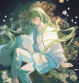 cangchen closed_eyes enkidu_(fate) fate/grand_order fate_(series) green_eyes green_hair highres long_hair robe sitting smile toga white_robe wolf