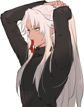 1boy amakusa_shirou_(fate) amakusa_shirou_(third_ascension)_(fate) arms_up black_jacket commentary dark-skinned_male dark_skin fate/apocrypha fate_(series) highres jacket long_hair male_focus mouth_hold ponytail profile ribbon ribbon_in_mouth sidelocks solo tofu_(bean359) tying_hair upper_body very_long_hair white_hair yellow_eyes