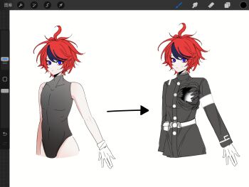 1boy ahoge armband arrow_(symbol) art_program_in_frame belt black_hair black_jacket black_leotard blue_eyes buttons chinese_commentary closed_mouth commentary_request gloves heiyu_yaya highres hole_in_chest hole_on_body jacket last_defense_academy_school_uniform leotard male_focus multicolored_hair procreate_(medium) procreate_(software) red_hair school_uniform short_hair simple_background streaked_hair sumino_takumi sweat the_hundred_line_-last_defense_academy- two-tone_hair white_armband white_background white_belt white_gloves