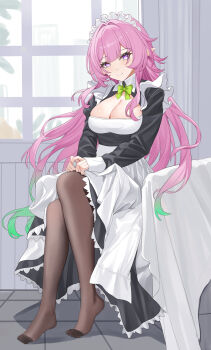 1girl absurdres alternate_costume apron black_dress black_pantyhose breasts chinese_commentary cleavage commentary_request crossed_legs cyrene_(honkai:_star_rail) cyrene_(ripples_of_past_reverie)_(honkai:_star_rail) diamond_(shape) dress highres honkai:_star_rail honkai_(series) indoors lao_xi large_breasts long_hair looking_at_viewer maid maid_apron maid_headdress no_shoes pantyhose pink_hair pointy_ears purple_eyes sitting smile solo symbol-shaped_pupils tile_floor tiles toes very_long_hair