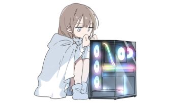 1girl blanket braid brown_hair commentary computer computer_tower english_commentary expressionless fujiyama full_body grey_socks hair_over_shoulder hands_up knees_to_chest long_hair low_twin_braids original rgb_lights shirt simple_background sitting socks solo twin_braids white_background white_shirt