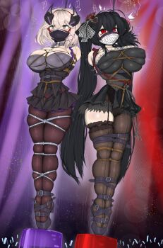 Rule 34 | 2girls, absurdres, ameng (katena1990), anger vein, arms behind back, azur lane, black dress, black hair, black pantyhose, blonde hair, breasts, brown eyes, crowd, dress, gag, gagged, glowstick, hanged, highres, immobilization, large breasts, long hair, multiple girls, pantyhose, penlight (glowstick), red eyes, roon (azur lane), roon (muse) (azur lane), shibari, shibari over clothes, short dress, skindentation, taihou (azur lane), taihou (muse) (azur lane), twintails