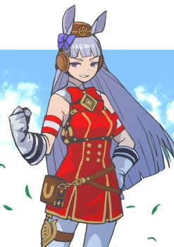 1girl animal_ears blue_bow blue_eyes blunt_bangs blunt_ends bow clenched_hand cloud contrapposto e-kaki gloves gold_ship_(red_strife)_(umamusume) gold_ship_(umamusume) grin hair_bow hand_on_own_hip hat headphones highres horse_ears horse_girl leaf leggings long_hair official_alternate_costume pouch red_bow red_hat red_shirt shirt sky smile solo standing umamusume white_gloves white_leggings