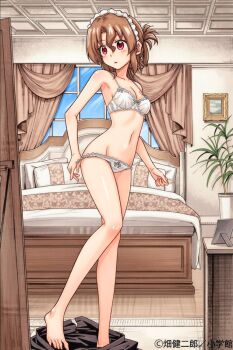 1girl bare_shoulders bed blush bow bow_panties bra breasts brown_hair cleavage collarbone colorized feet folded_ponytail frilled_bra frills hair_ornament hata_kenjirou hayate_no_gotoku! highres indoors legs long_hair looking_at_mirror maid maid_headdress maria_(hayate_no_gotoku!) medium_breasts mirror navel panties red_eyes skirt solo standing stomach thighs third-party_edit toes underwear undressing unworn_skirt window