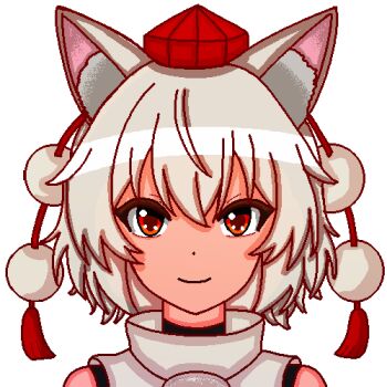 Rule 34 | 1girl, animal ear fluff, animal ears, closed mouth, commentary, english commentary, grey hair, hat, inubashiri momiji, looking at viewer, pixel art, portrait, red eyes, red hat, shadow chevy, shirt, short hair, smile, solo, tokin hat, touhou, transparent background, turtleneck, turtleneck shirt, white shirt, wolf ears, wolf girl