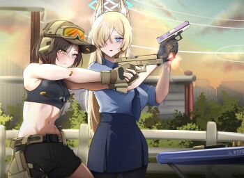 absurdres aiming animal_ear_fluff blue_archive commentary_request female_sensei_(blue_archive) glock gloves goggles goggles_on_head gun halo handgun hat headset highres holding holding_gun holding_weapon holster kanna_(blue_archive) military original sensei_(blue_archive) shirokami_da tactical_clothes tactical_gloves tattoo thai_commentary weapon