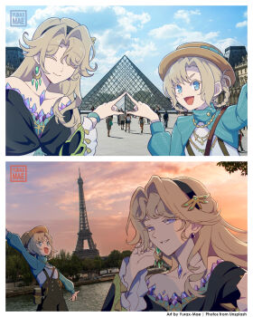 2girls beryl_bouanich blonde_hair blue_eyes boater_hat braid braided_hair_rings commentary eiffel_tower english_commentary france hair_rings hairband highres long_hair louvre_pyramid matilda_bouanich matilda_bouanich_(the_genius's_holiday) medium_hair mother_and_daughter multiple_girls paris real_life real_world_location reverse:1999 smile yurax-mae