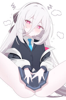 1girl absurdres blue_archive blue_necktie hair_between_eyes highres jacket kanimiso30601 kei_(blue_archive) kei_(new_body)_(blue_archive) loli long_hair necktie panties simple_background skirt solo spread_legs underwear white_background white_panties