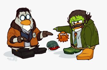 2boys animalization beanie blazer bomber_jacket book brown_gloves brown_hair club_penguin collared_shirt colored_skin commentary cuno cunoesse_vittulainen disco_elysium english_commentary facial_hair furrification furry glasses gloves green_jacket green_skin harry_du_bois hat holding holding_book horrific_necktie jacket kim_kitsuragi multiple_boys mutton_chops narrowed_eyes open_mouth orange_jacket outstretched_arm parody puffle_(club_penguin) shiroshark shirt shoes short_hair single_shoe style_parody white_shirt