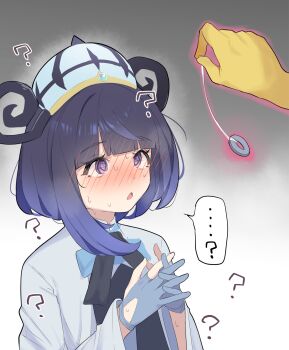 ...? 1girl :o ? @_@ black_hair black_ribbon blush coat coin commentary_request duplicate gen_1_pokemon gloves glowing gwynn_(pokemon) hands_up hat highres holding holding_string holed_coin hypno hypnosis interlocked_fingers kyutai_x long_sleeves looking_up mind_control neck_ribbon nintendo open_mouth partially_fingerless_gloves pendulum pokemon pokemon_(creature) pokemon_legends:_z-a ribbon speech_bubble string sweat white_coat