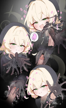 1girl absurdres beret black_gloves black_hat blonde_hair blue_archive blush cum cum_in_clothes cum_in_gloves cum_on_gloves glansjob gloved_handjob gloves green_eyes halo handjob hat highres kagenousui_434 long_hair penis penis_in_glove professor_niyaniya_(blue_archive) sailor_collar school_uniform serafuku simple_background smile