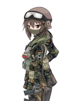 Rule 34 | 1girl, ammunition, ammunition pouch, army, assault rifle, brown eyes, brown hair, camouflage, combat helmet, commentary request, covered mouth, emblem, german flag, girls und panzer, gun, h&amp;k g36, headset, helmet, kuromorimine (emblem), mask, military, military combat uniform, military uniform, mouth mask, nishizumi maho, pouch, rifle, rozenberg, shotgun shell, simple background, soldier, solo, upper body, weapon, white background
