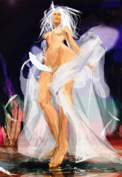 Rule 34 | 1girl, autoreverse, bad id, bad pixiv id, barefoot, feathers, feet, female focus, nude, pixiv fantasia, pixiv fantasia 1, solo, white hair