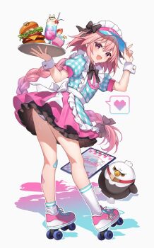 1boy alternate_costume animal-themed_food astolfo_(fate) bandaid bandaid_on_leg black_bow black_bowtie blush bow bowtie braid burger cup cupcake dress drink drinking_glass fang fate/apocrypha fate_(series) food frilled_dress frills full_body gradient_shadow hair_bow hair_intakes heart highres hippogriff_(fate) kan'yu_(citron_82) long_hair maid_headdress male_focus menu_board multicolored_hair open_mouth panties panty_peek pink_hair pixel_heart plaid_clothes plaid_dress purple_eyes roller_skates shoes single_braid skates skin_fang smile sneakers solo spoken_heart streaked_hair trap two-tone_hair underwear v very_long_hair visor_cap white_background white_hair white_wrist_cuffs wrist_cuffs