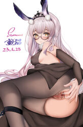 Rule 34 | 1girl, absurdres, animal ears, artist name, bar censor, bespectacled, black-framed eyewear, black crown (object), black pantyhose, black sleeves, blush, breasts, censored, closed mouth, commentary request, covered nipples, crown, dated, detached sleeves, feet out of frame, glasses, grey hair, highres, kaavi, long hair, looking at viewer, lying, mahjong soul, medium breasts, on side, pantyhose, pussy, rabbit ears, rabbit girl, rabbit tail, round eyewear, samomii, sideboob, simple background, solo, spread pussy, tail, torn clothes, torn pantyhose, very long hair, white background