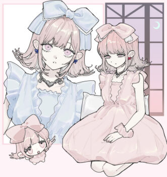 1girl absurdres bare_shoulders blue_bow blue_dress bow brown_hair chibi commentary_request danganronpa_(series) danganronpa_2:_goodbye_despair dress earrings flat_chest hair_bow hair_ornament highres jewelry kneeling medium_hair nanami_chiaki necklace pink_bow pink_dress scrunchie seailand wrist_scrunchie