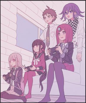 2boys 3girls ahoge black_jacket black_pantyhose black_sailor_collar blunt_bangs blush bow bowtie breast_pocket brown_hair brown_skirt buttons checkered_clothes checkered_scarf collared_jacket collared_shirt commentary_request controller couch danganronpa_(series) danganronpa_2:_goodbye_despair danganronpa_v3:_killing_harmony flipped_hair game_controller gem_hair_ornament green_necktie hair_between_eyes hair_ornament hair_scrunchie harukawa_maki highres hinata_hajime holding holding_controller holding_game_controller indoors jacket long_hair long_sleeves low_twintails medium_hair multiple_boys multiple_girls nanami_chiaki necktie no_shoes oma_kokichi open_clothes open_jacket open_mouth pale_color pantyhose pink_bag pink_eyes playing_games pleated_skirt pocket purple_eyes purple_hair red_eyes red_hair red_scrunchie red_shirt red_skirt red_thighhighs sailor_collar scarf school_uniform scrunchie shirt short_hair short_sleeves sitting skirt smile standing sweatdrop thighhighs twintails two-tone_scarf very_long_hair white_bow white_bowtie white_shirt xiao_(grsnss25) yumeno_himiko