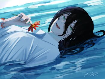 1girl black_hair blood blood_on_clothes chainsaw_man collared_shirt flower green_eyes hair_between_eyes hair_flower hair_ornament highres holding holding_flower long_hair_between_eyes looking_at_viewer lying mccheese medium_hair on_back open_mouth red_flower reze_(chainsaw_man) shirt signature solo upper_body water white_shirt