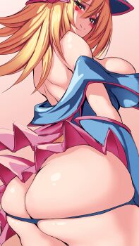 Rule 34 | 1girl, absurdres, ass, ass focus, bare arms, bare back, bare shoulders, blonde hair, blue dress, blush, breasts, butt crack, cleavage, dark magician girl, dress, gradient background, hat, highres, large breasts, looking at viewer, looking back, miniskirt, naughty face, off shoulder, panties, panty pull, skirt, smile, solo, teru cats, underwear, yu-gi-oh!