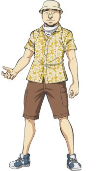 1boy anime_coloring ansatsu_kyoushitsu black_hair brown_shorts bucket_hat closed_eyes closed_mouth collared_shirt floral_print full_body hat hawaiian_shirt male_focus mask morita_kazuaki official_art shirt shorts simple_background smile smog_(ansatsu_kyoushitsu) solo standing tachi-e transparent_background unworn_mask