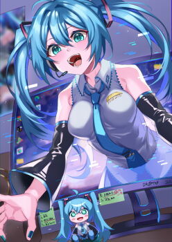1girl animal_ear_headphones animal_ears aqua_eyes aqua_hair aqua_trim black_sleeves blush breasts chair collared_shirt commentary_request computer computer_keyboard desk fake_animal_ears grey_shirt hair_between_eyes hand_up hatsune_miku headphones highres indoors inue_ao long_hair looking_at_viewer medium_breasts monitor mouse_ears office_chair open_mouth plate red_tattoo shirt shoulder_tattoo skirt smile solo swivel_chair tablet_pc tattoo teeth through_medium through_screen tie_clip twintails vocaloid white_shirt wing_collar