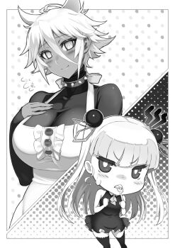 Rule 34 | 2girls, apron, blush, breasts, collar, dark-skinned female, dark skin, demon girl, hair ornament, highres, large breasts, long hair, maid, maid apron, monochrome, multiple girls, naruse maria, novel illustration, official art, ookuma nekosuke, shinmai maou no testament, short hair, small breasts, spiked collar, spikes, thighhighs, zest
