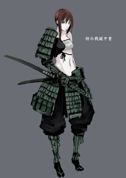 1girl aqua_eyes armor asymmetrical_clothes brown_hair female_focus grey_background highres japanese_armor jittsu katana kote kusazuri no_shirt original samurai sarashi shoulder_armor simple_background sode solo suneate sword weapon