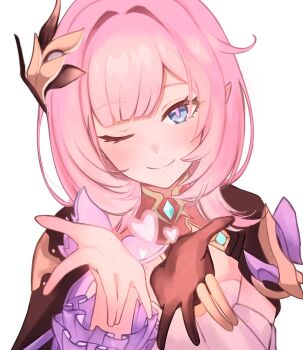 1girl black_gloves blowing_kiss blue_eyes commentary_request corset elf elysia_(honkai_impact) elysia_(miss_pink_elf)_(honkai_impact) fingerless_gloves gloves hair_ornament heart heiwaninetaina highres honkai_(series) honkai_impact_3rd long_hair looking_at_viewer pink_hair pointy_ears revision shrug_(clothing) simple_background solo white_background white_corset