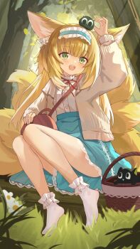 Rule 34 | 1girl, :d, animal, animal ears, animal on head, arknights, arm up, bag, basket, black cat, blonde hair, blue hairband, blue skirt, blunt bangs, blush, cardigan, cat, chinese commentary, commentary request, day, flower, fox ears, fox girl, fox tail, frilled hairband, frilled skirt, frills, full body, grass, green eyes, hairband, handbag, happy, high-waist skirt, highres, kitsune, kk0220, knees together feet apart, knees up, kyuubi, long sleeves, multiple tails, neck ribbon, no shoes, on head, open cardigan, open clothes, open mouth, outdoors, pleated skirt, red ribbon, ribbon, shirt, sidelocks, sitting, skirt, smile, solo, suzuran (arknights), suzuran (spring praise) (arknights), tail, teeth, tree, upper teeth only, upskirt, white flower, white shirt, yellow cardigan